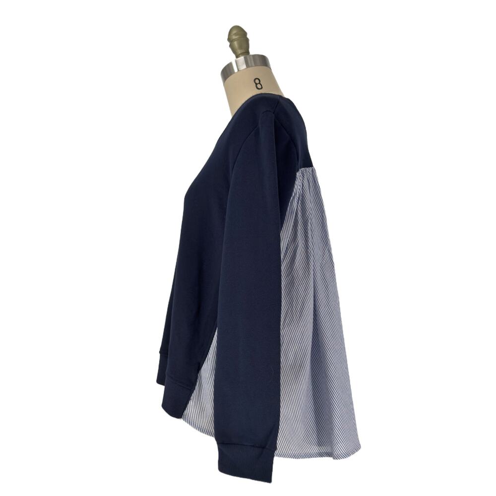 NEW Kensie Jeans Layer Look Ruffle Back Sweatshirt sz Medium Navy Pinstripe - Picture 3 of 8